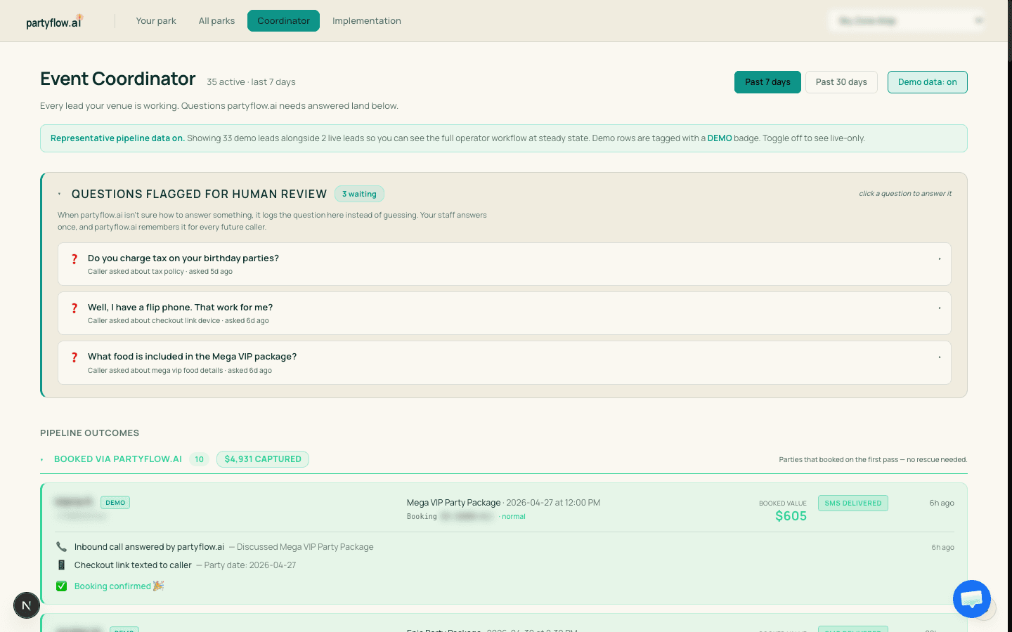 Event Coordinator view showing questions flagged for human review and pipeline outcomes with booked parties.